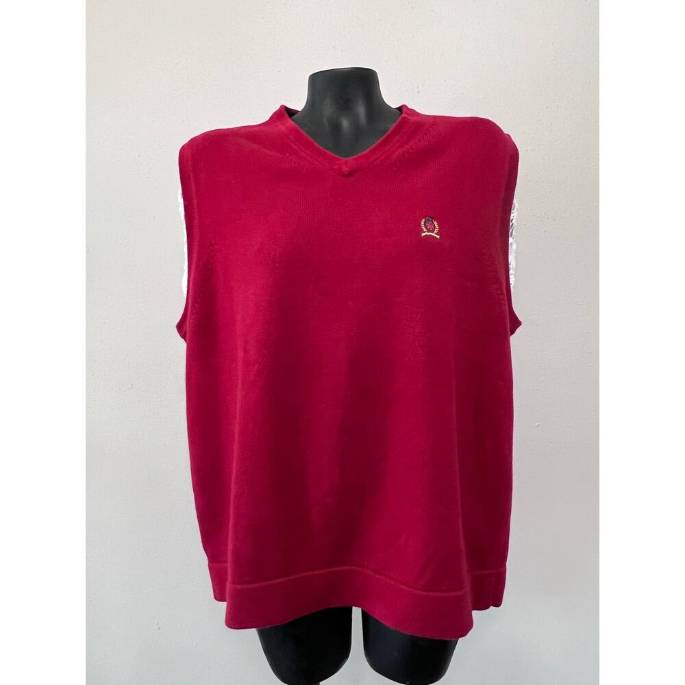 VTG Tommy Hilfiger Sweater Vest Sz L Red Cable Knit Cotton Preppy‎ Y2K Acadamia